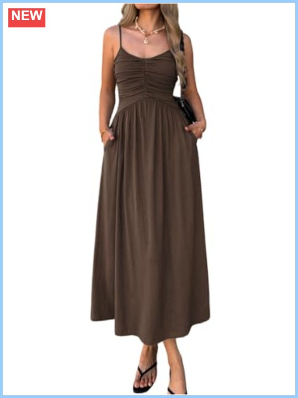 Mieazom Ruched Bust Empire Waist Midi Dress with Pockets Sleeveless